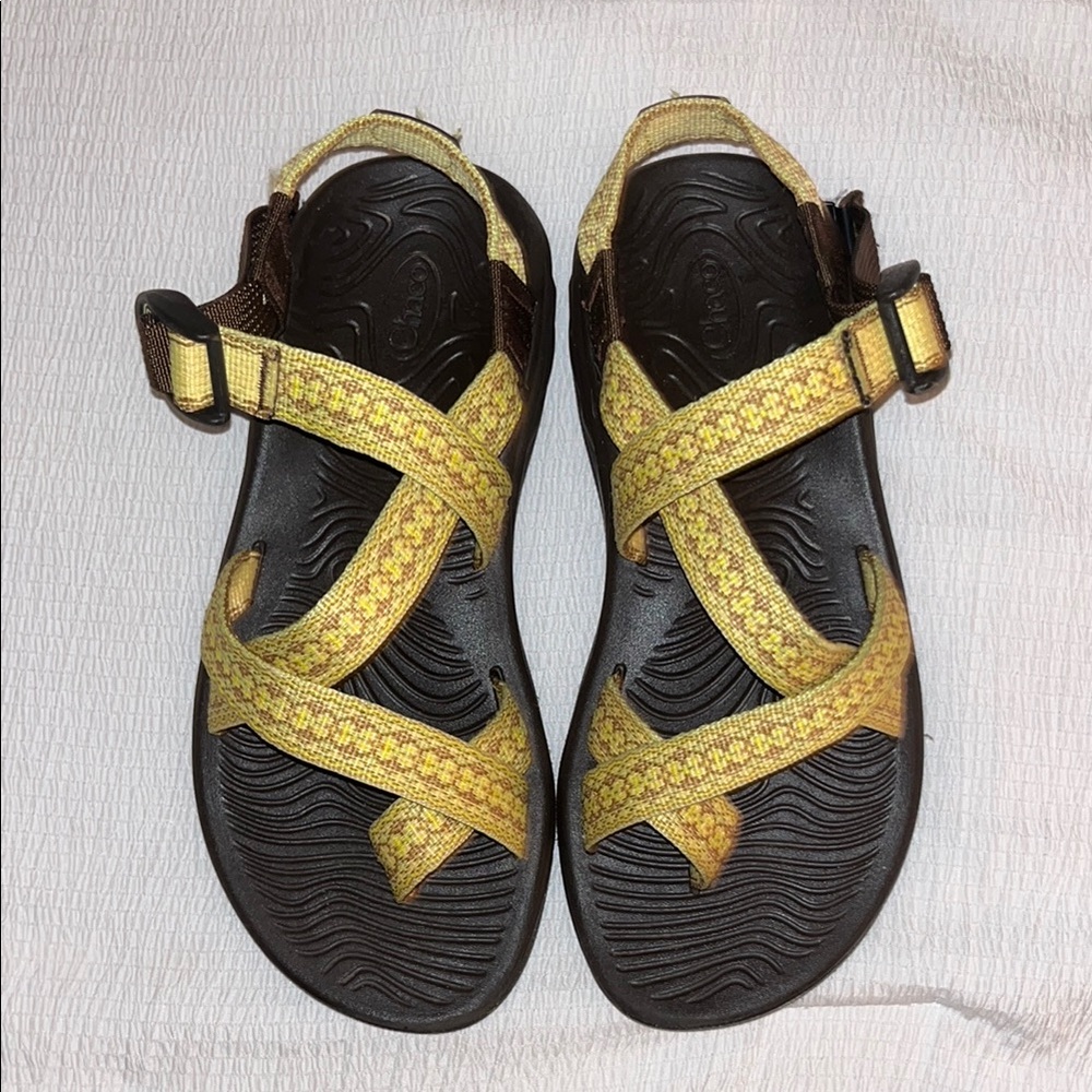Chaco Sandals with Patterned Yellow and Brown Straps